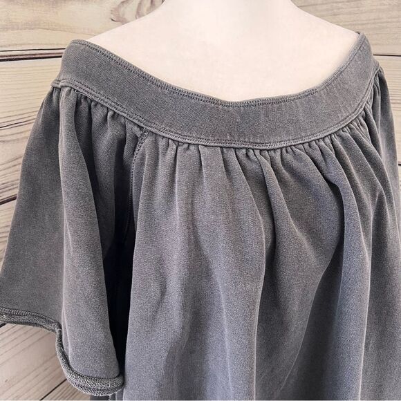 Free People Grey Oversized Off Shoulder Raw Edge Sweatshirt Top - Picture 8 of 14